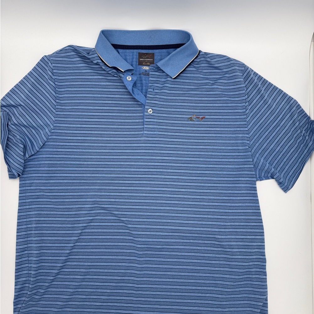Greg Norman Tasso Elba Blue Striped Golf Polo XL Play Dry Shark Logo Performance